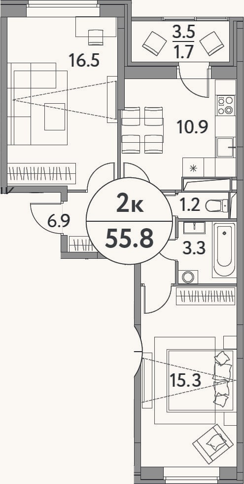 Планировка: 2-к, 54,1 м²