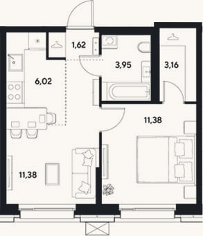 Планировка: 2-к, 37,5 м²