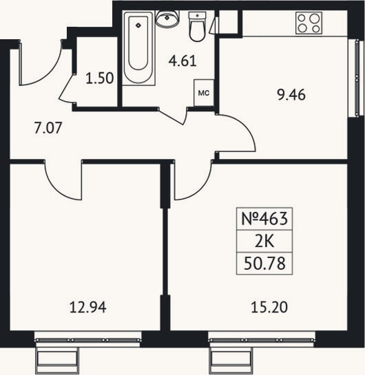 Планировка: 2-к, 50,8 м²