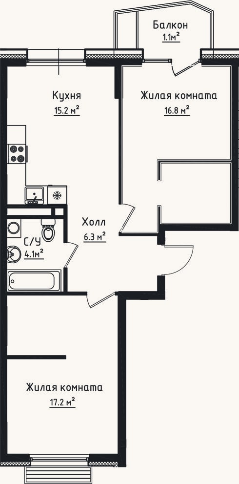 Планировка: 2-к, 59,6 м²