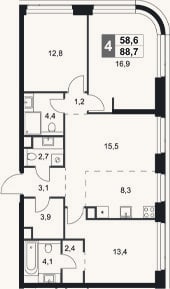 Планировка: 4+ к, 88,7 м²
