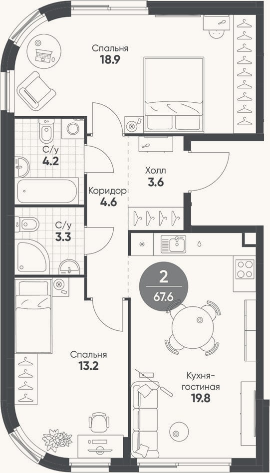 Планировка: 3-к, 67,6 м²