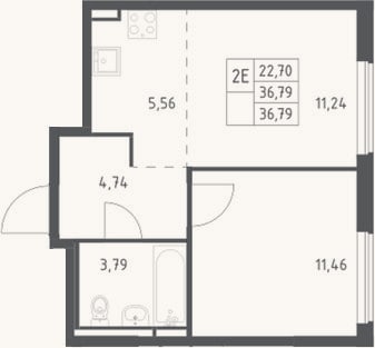 Планировка: 2-к, 36,8 м²