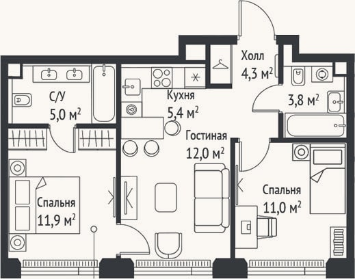 Планировка: 3-к, 53,4 м²