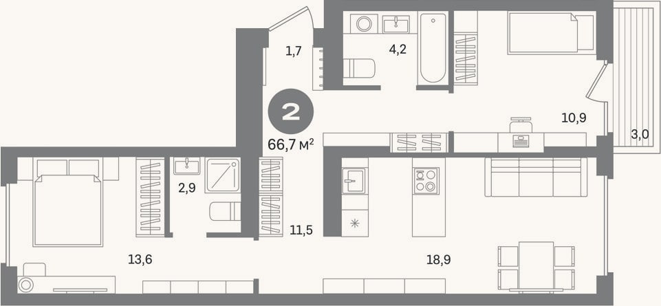 Планировка: 2-к, 63,7 м²