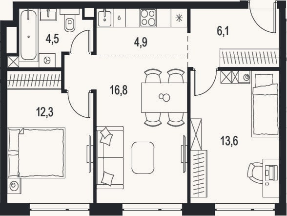 Планировка: 3-к, 58,2 м²