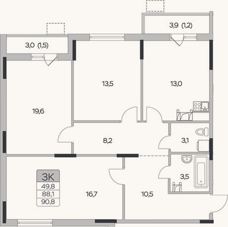 Планировка: 3-к, 88,1 м²