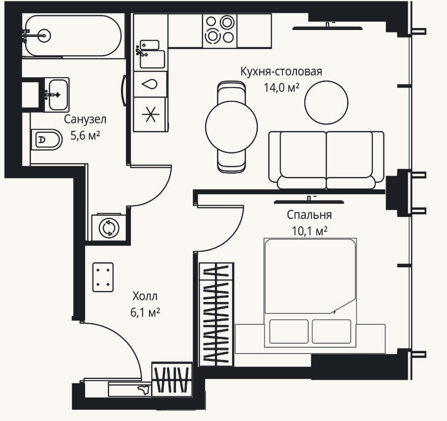 Планировка: 2-к, 35,8 м²