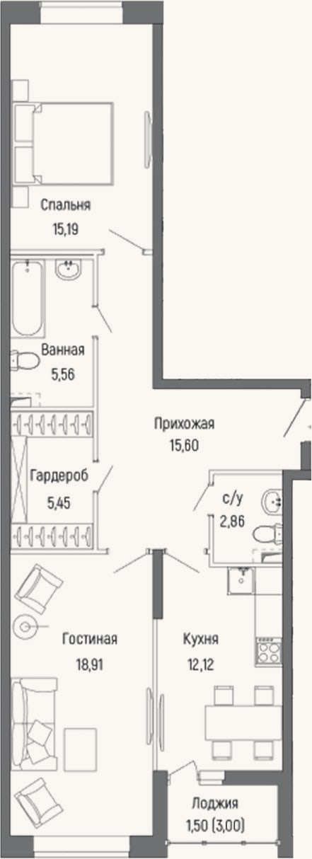Планировка: 2-к, 74,6 м²