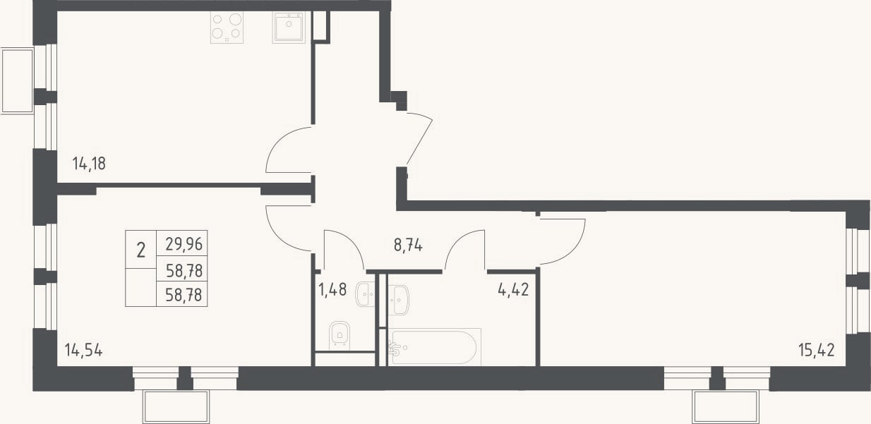 Планировка: 2-к, 58,8 м²