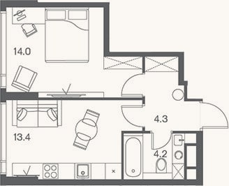Планировка: 1-к, 35,9 м²