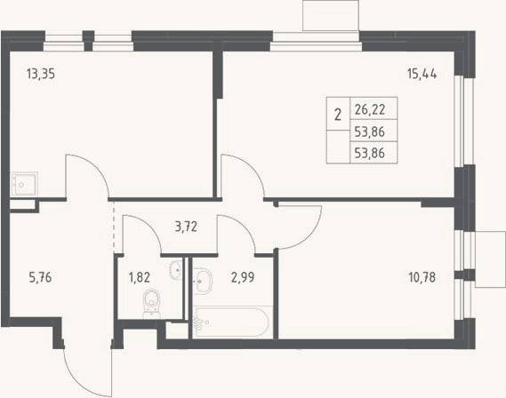 Планировка: 2-к, 53,9 м²