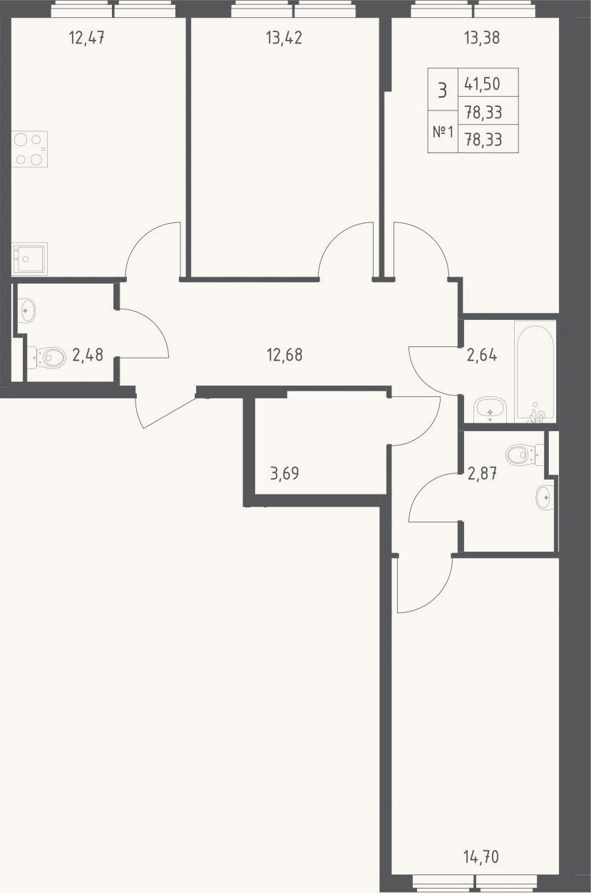 Планировка: 3-к, 78,3 м²