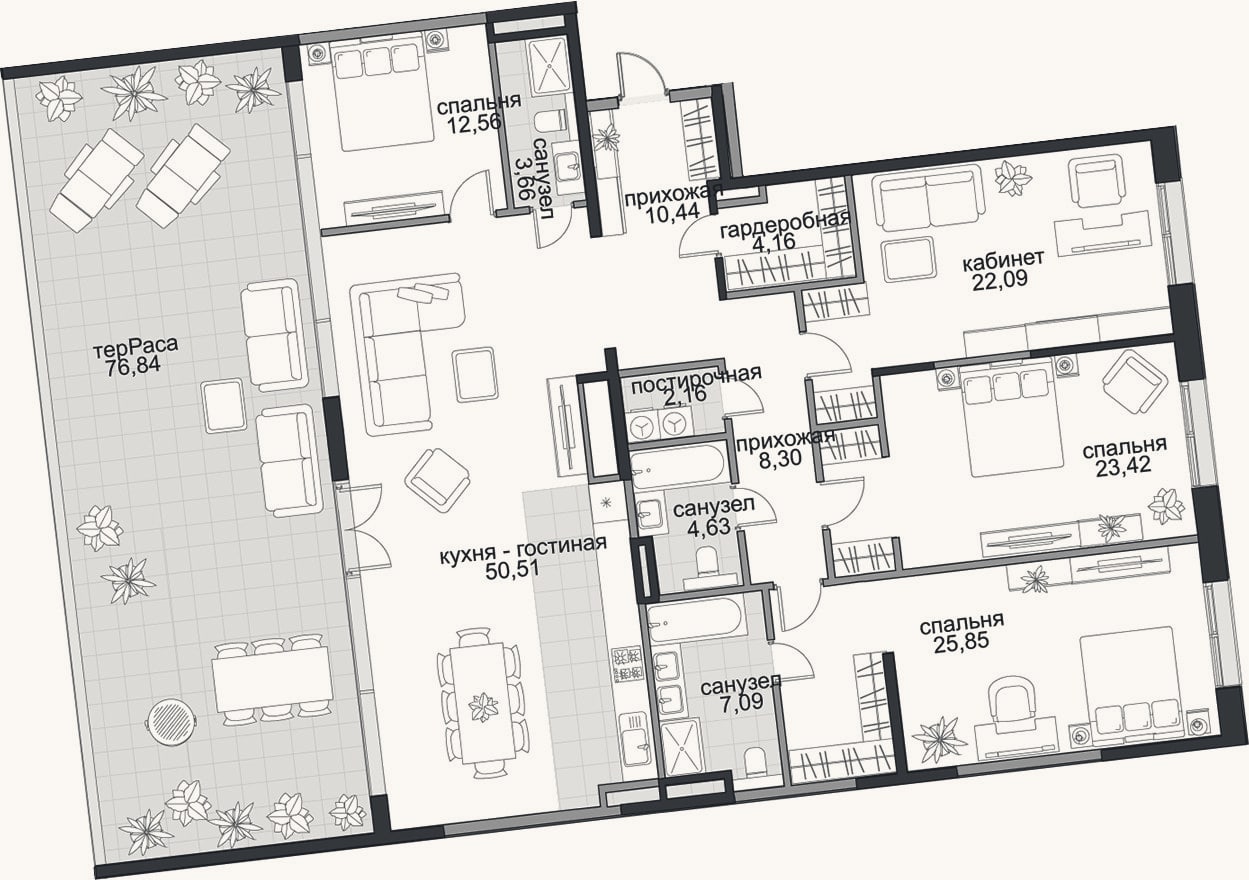 Планировка: 4+ к, 174,9 м²