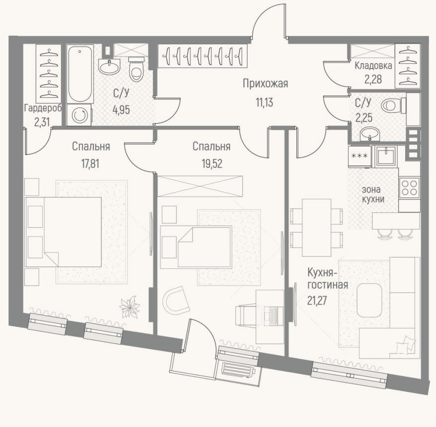 Планировка: 2-к, 81,5 м²