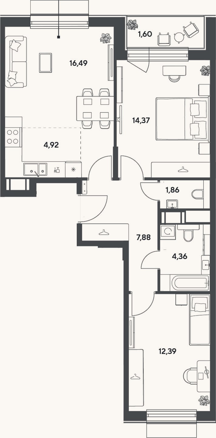 Планировка: 3-к, 62,3 м²