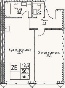 Планировка: 2-к, 56,1 м²