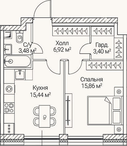Планировка: 1-к, 45,1 м²