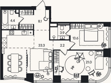Планировка: 3-к, 86,5 м²
