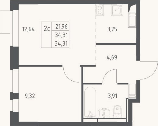 Планировка: 2-к, 34,3 м²