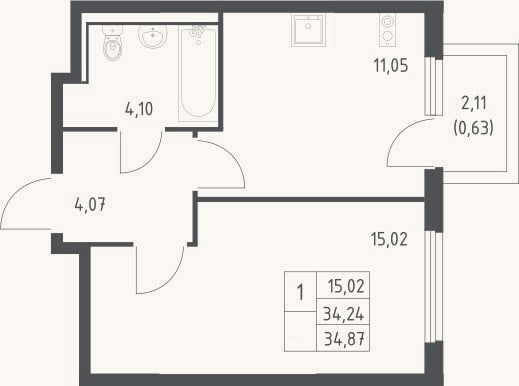 Планировка: 1-к, 34,2 м²