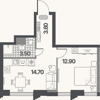 Планировка: 2-к, 34,7 м²