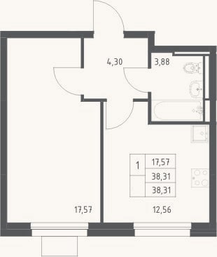 Планировка: 1-к, 38,3 м²