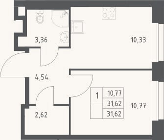 Планировка: 1-к, 31,6 м²
