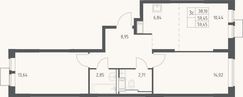 Планировка: 3-к, 59,5 м²