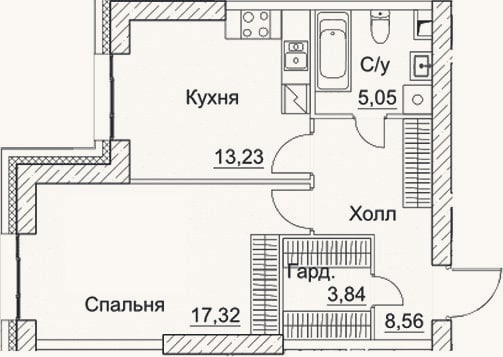Планировка: 1-к, 48 м²