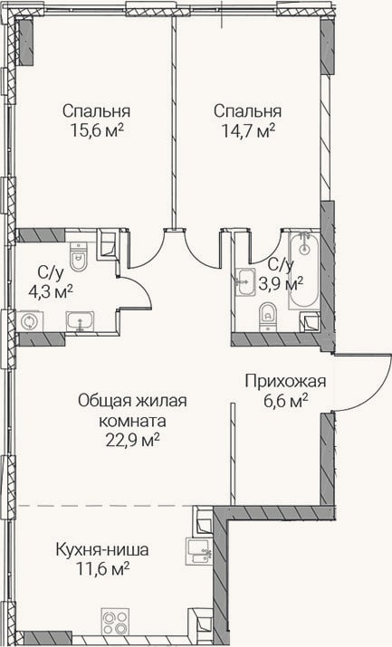 Планировка: 3-к, 79,6 м²