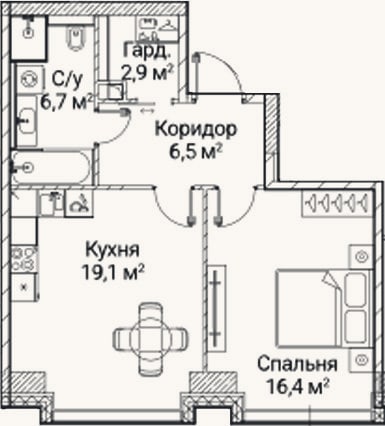 Планировка: 1-к, 51,8 м²