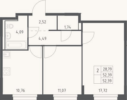 Планировка: 2-к, 52,4 м²