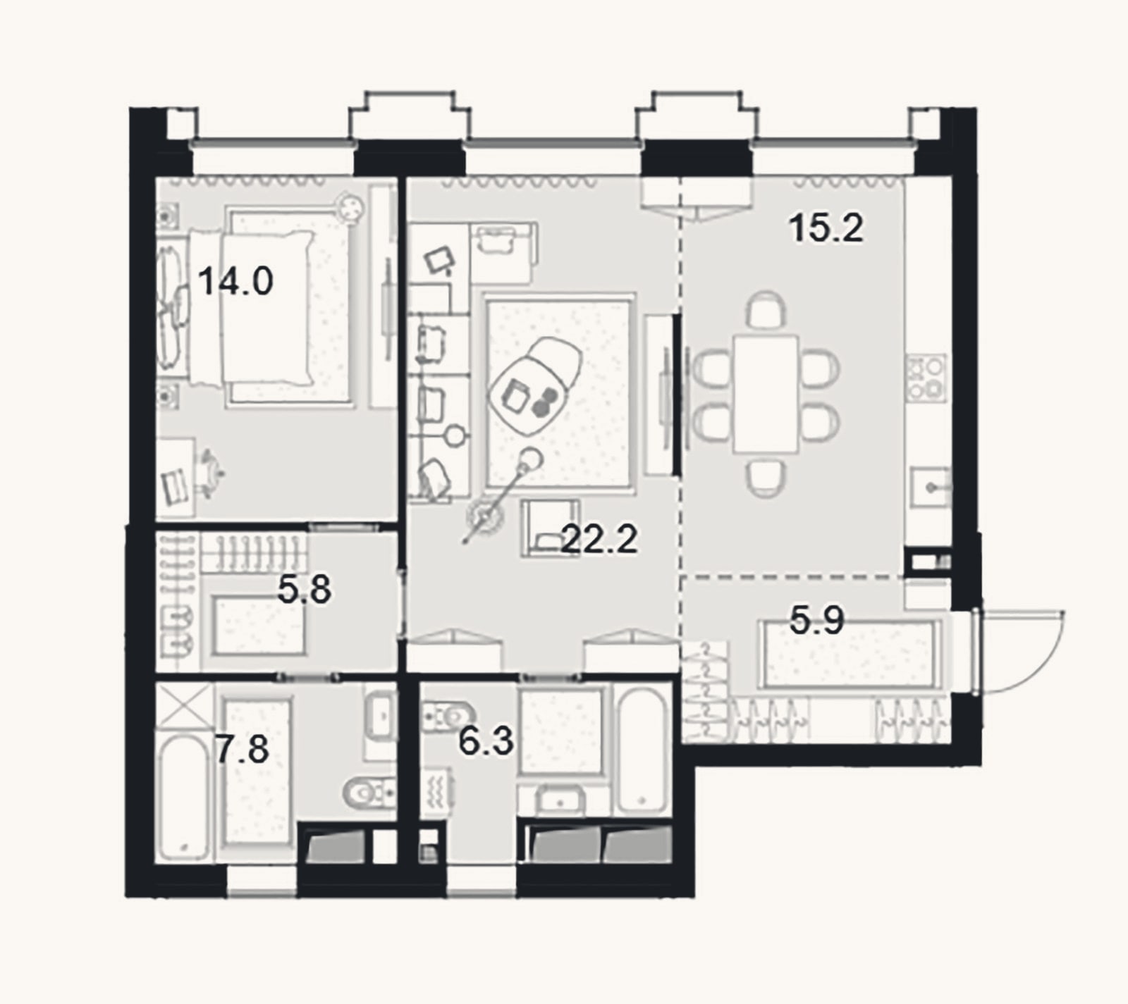 Планировка: 2-к, 77,2 м²