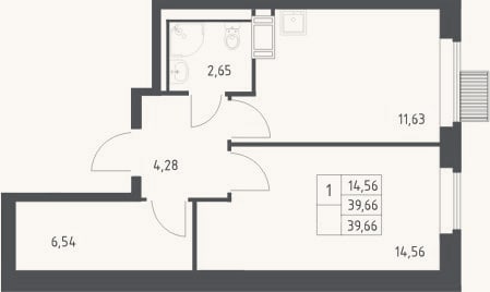 Планировка: 1-к, 39,7 м²