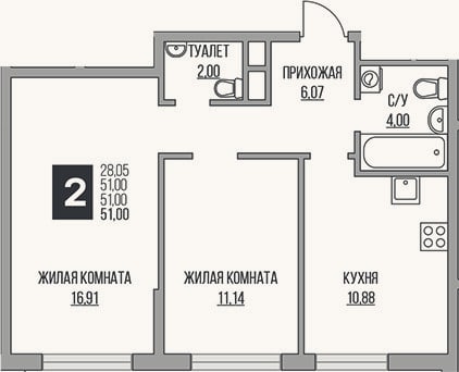 Планировка: 2-к, 51 м²