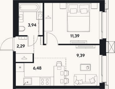 Планировка: 2-к, 33,5 м²