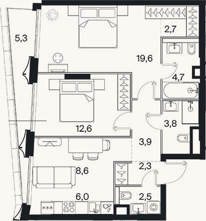 Планировка: 2-к, 66,6 м²