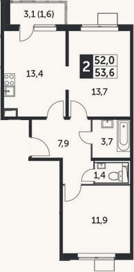 Планировка: 2-к, 52 м²