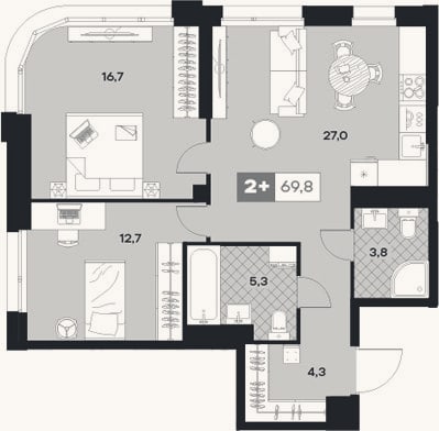 Планировка: 2-к, 69,8 м²