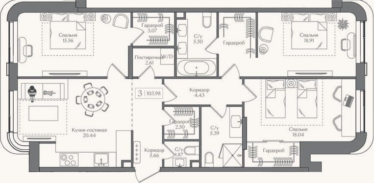 Планировка: 4+ к, 104 м²