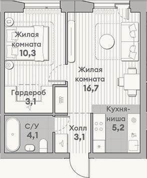 Планировка: 2-к, 42,5 м²