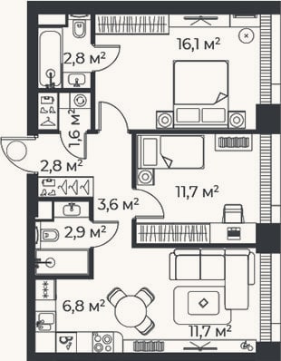 Планировка: 3-к, 60,1 м²