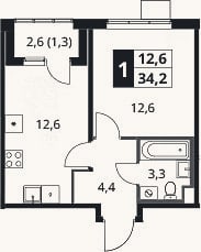 Планировка: 1-к, 32,9 м²