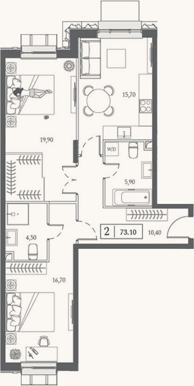 Планировка: 2-к, 73,1 м²