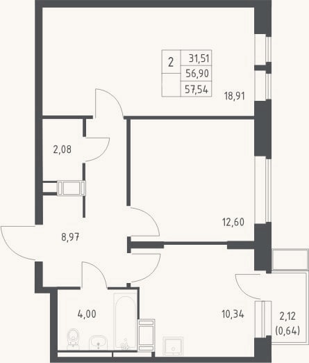 Планировка: 2-к, 56,9 м²