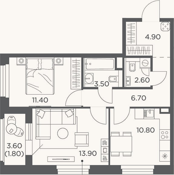 Планировка: 2-к, 52,2 м²