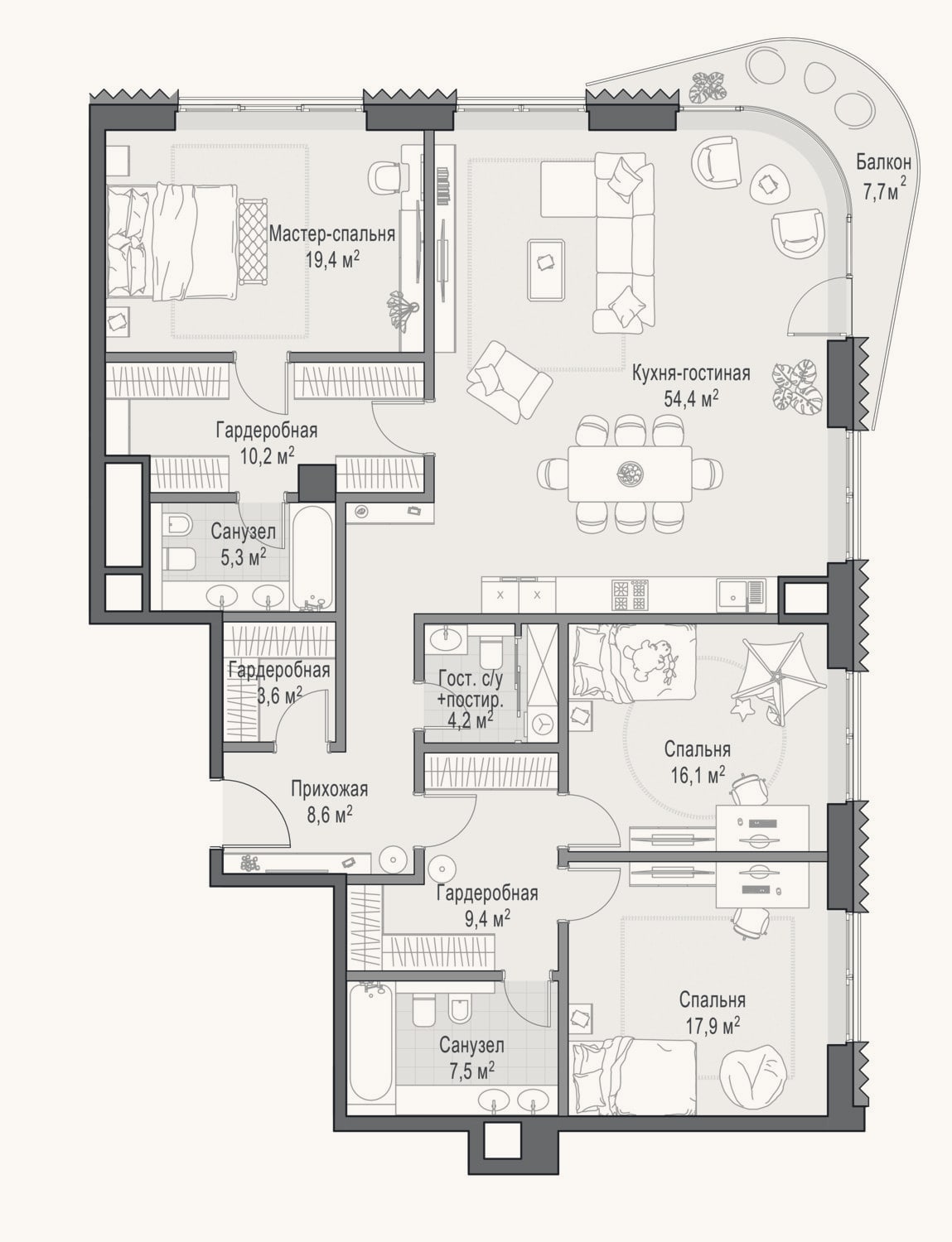 Планировка: 3-к, 156,7 м²
