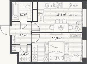 Планировка: 1-к, 37,4 м²