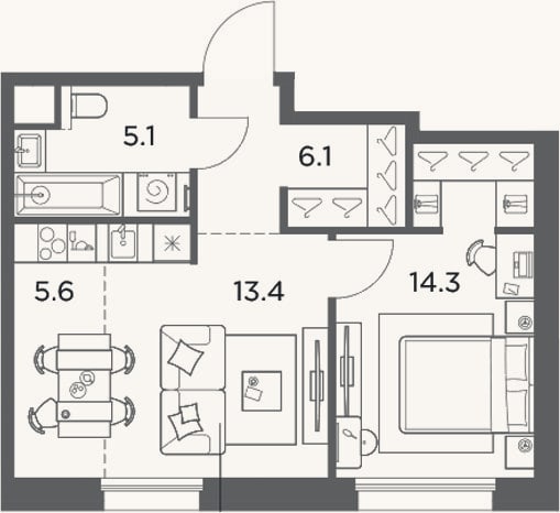 Планировка: 1-к, 44,5 м²